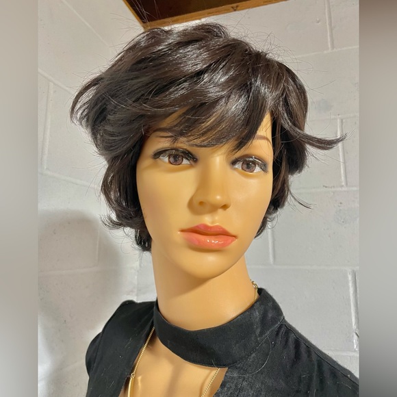 NWT 9” BROWNBLACK almost black darkest brown short side part natural unisex wig - Picture 4 of 16